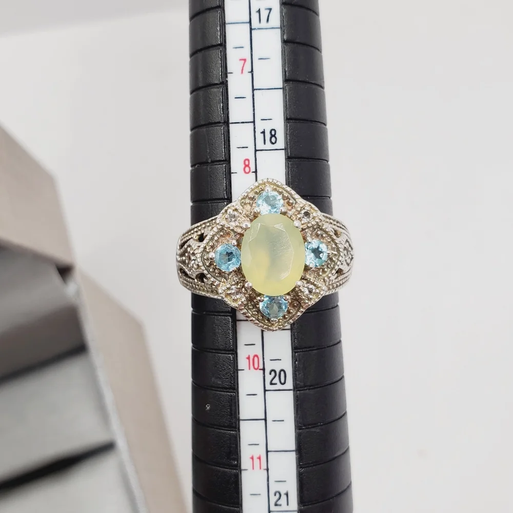 Apatite - White Topaz & Chalcedony 925 Sterling Silver Milgrain Design Ring